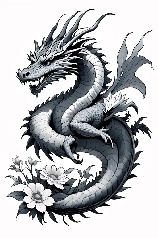 Dragon Flying And Flowers Growing