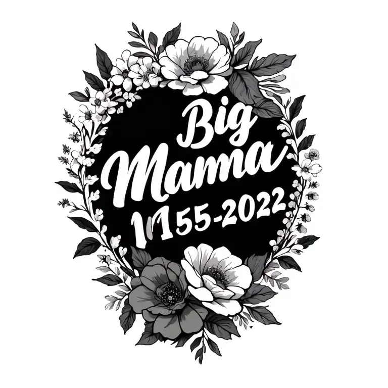 Big Mama Name In Cursive Handwriting In Flowers All Around With 1955-2022 On The Top And Bottom