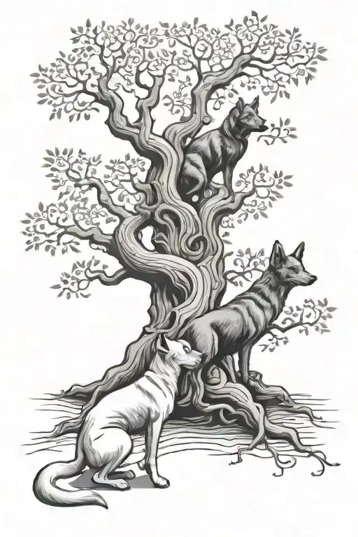 Tree Of Life With A Dog Sitting In Front Of A Standing Man