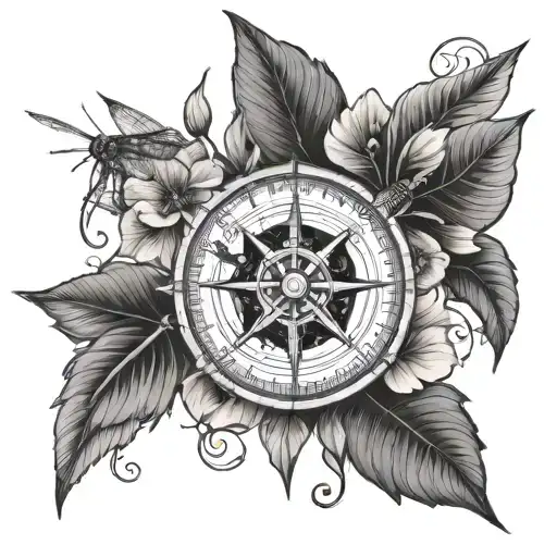 Compass Rose With Hibiscus Flower And Dragonflies