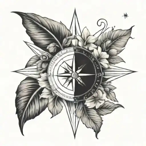 Compass Rose With Hibiscus Flower Surrounded By Nature