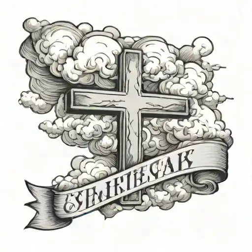Realistic Clouds Above A Cross With A Banner Wrapped Around It
