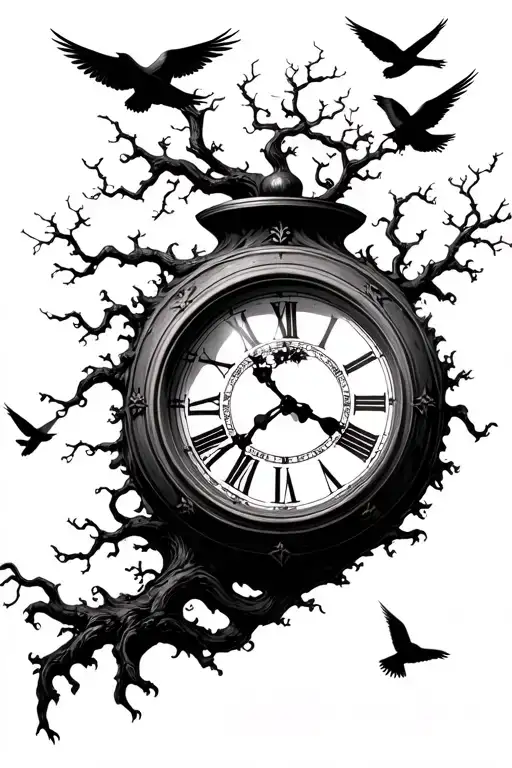 Posion Tree Inside A Clock With Birds Flying Around