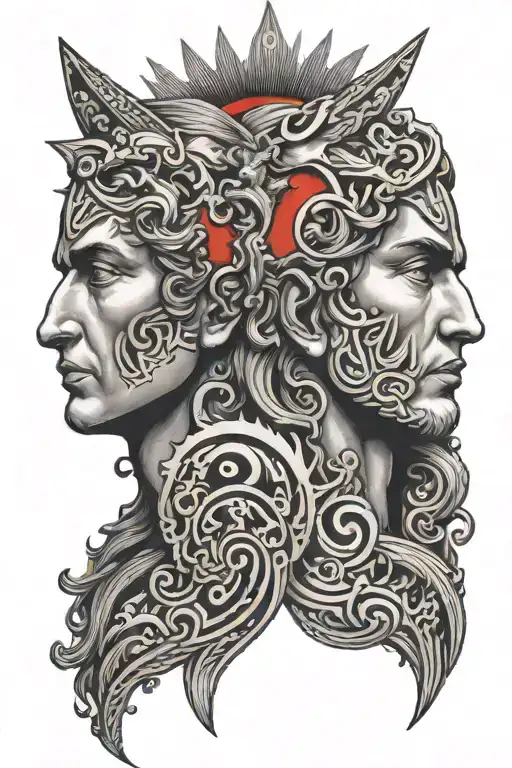 Janus Two Heads Separate Bodies Back To Back Fineline With Sunburst In Red Behind Them
