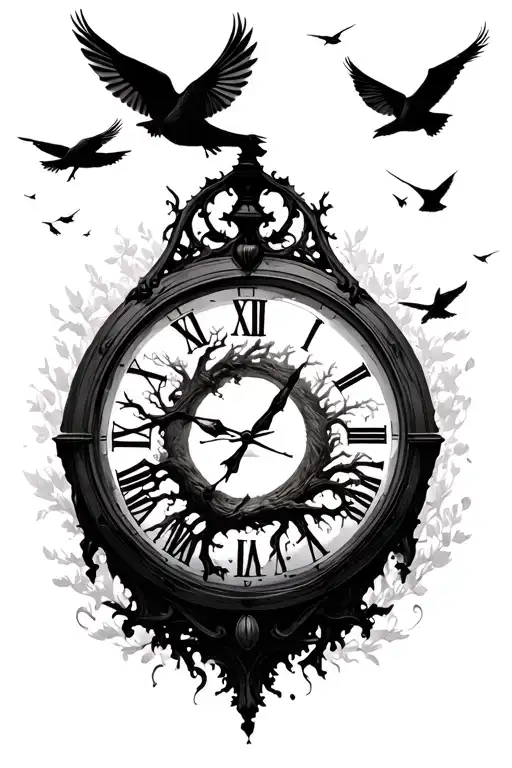 Posion Tree Inside A Empty Clock With Roman Numbers And Birds Flying Around Backround