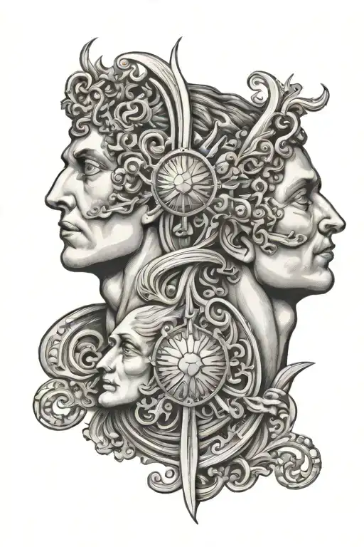 Janus Two Heads Separate Bodies Back To Back Fineline Etching Style With Sunburst In Red Behind Them