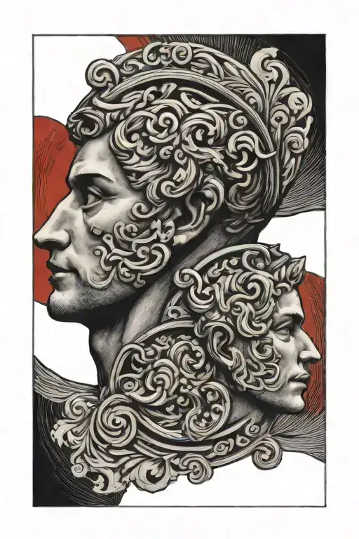 Janus Two Heads Separate Bodies Back To Back Etching Style With Sunburst In Red Behind Them
