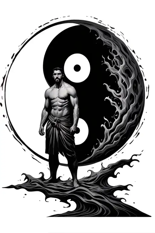 Man Standing On Ying Yang Symbol Harnsessing Power