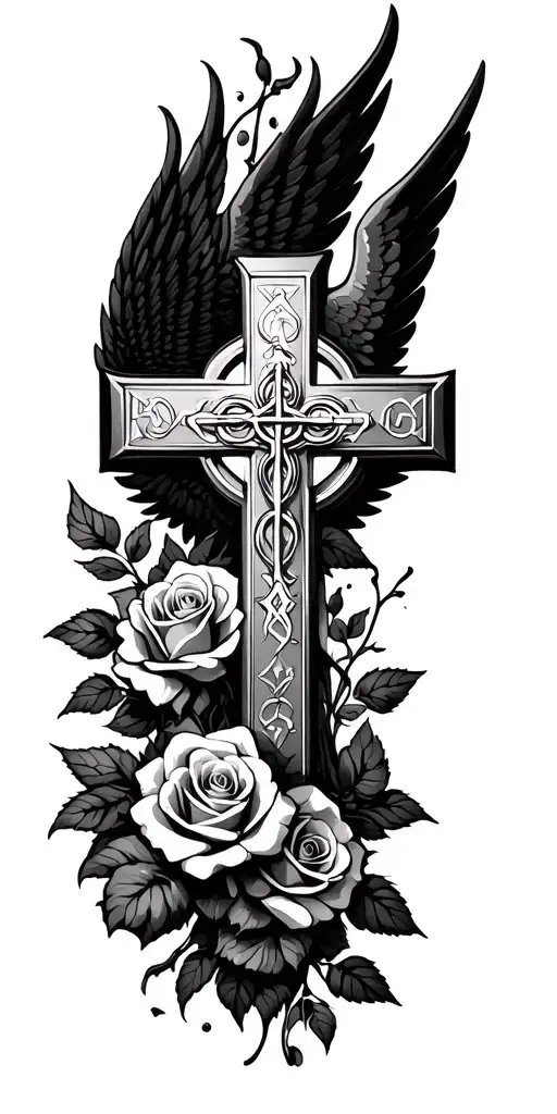 Cross With Wings And Trinity Symbol On It Surrounded By Roses