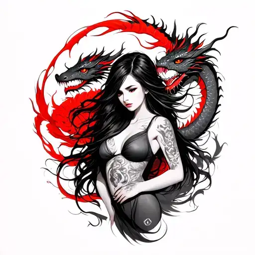 Woman With Long Black Hair And Dragon Black And Red For Full Leg Sleeve