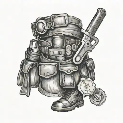 A Black-grey Tattoo Of A Carpenter's Tool Belt With A Small Spaceship Flying Off Into The Distance