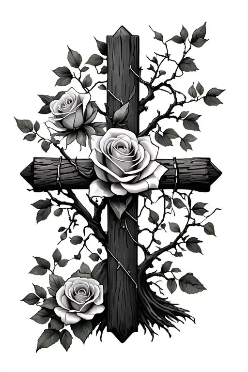 Roses And Trees And Bar Wire And Wood Cross