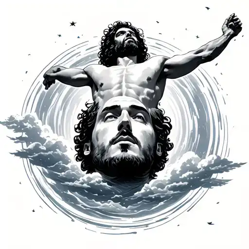 A Man Floating Above Heaven With Floating Face Circling