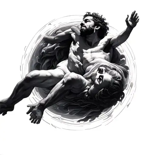 A Man Floating Above Heaven With Floating Face Circling Around Him