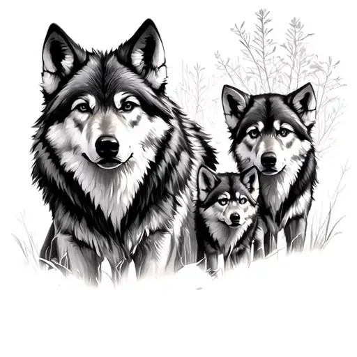 Wolf With 3 Cubs