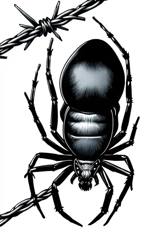 American Traditional Black Widow Spider On A Barbed Wire
