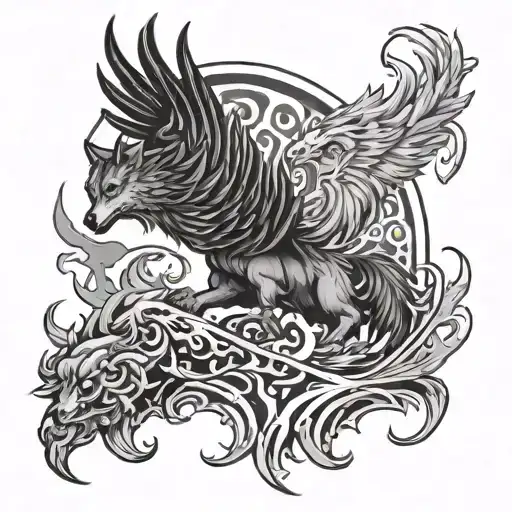 Wolf And Phoenix Rising From Flames