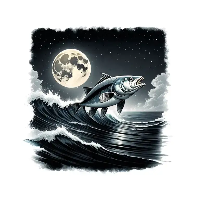 Fish Jumping Wave In Moon Rising