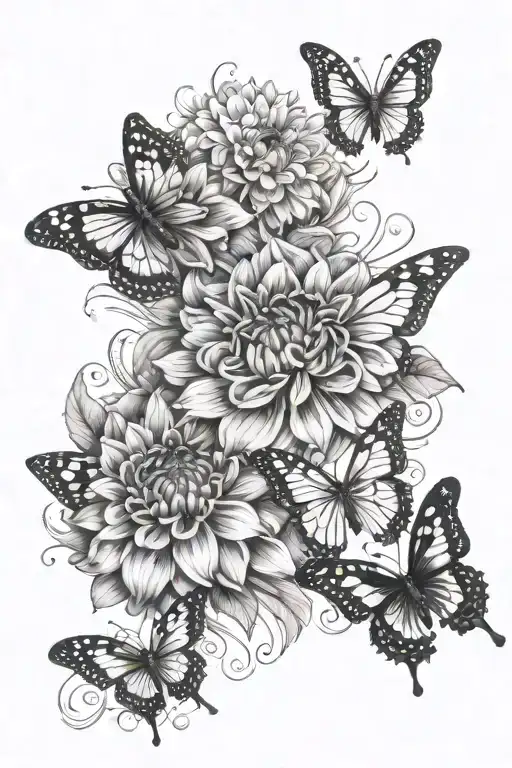 Dahlias Butterflies Flying Together Symbolizing