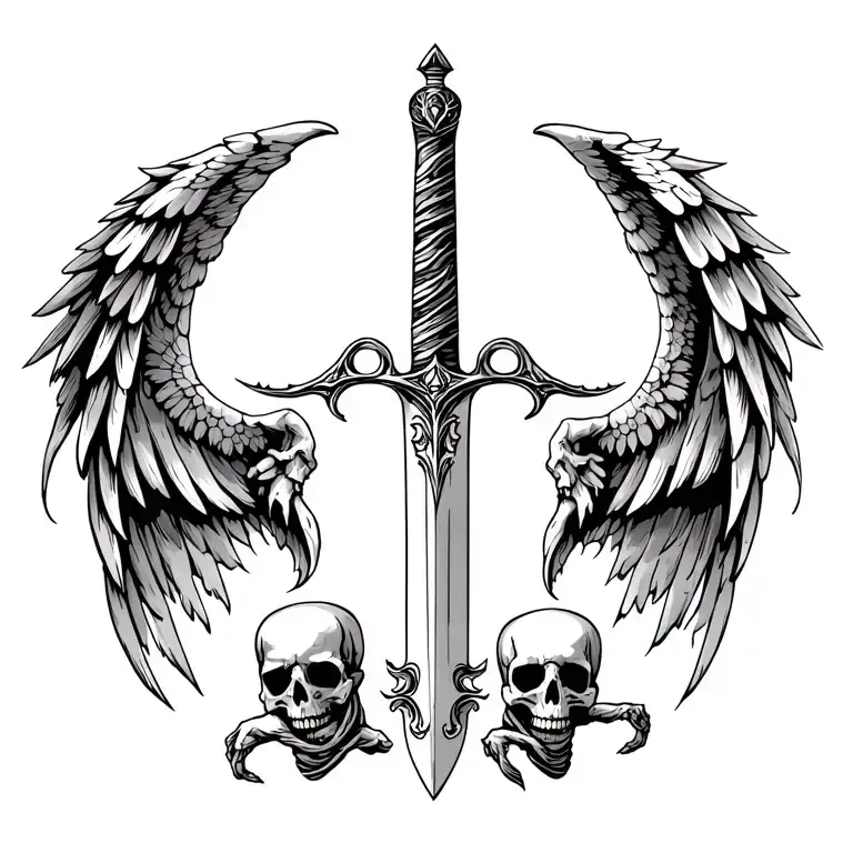 A Mans Back Tattoo Design Of A Sword With Downward Wings And Two Skeletons Under The Wings