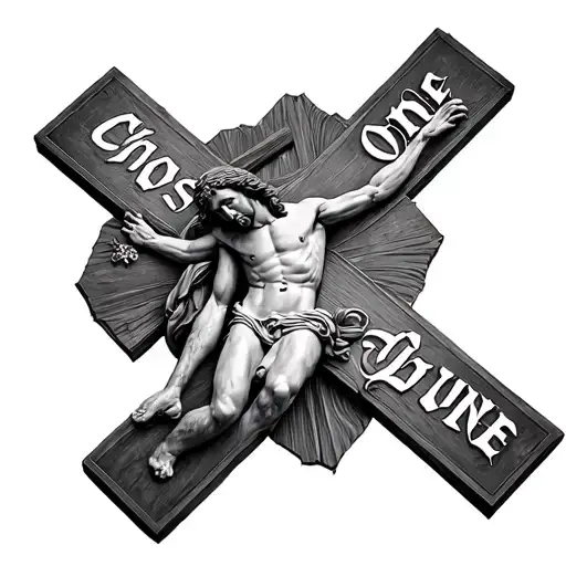 3D Jesus On A Cross With The Words Chosen One Integrated In The Cross