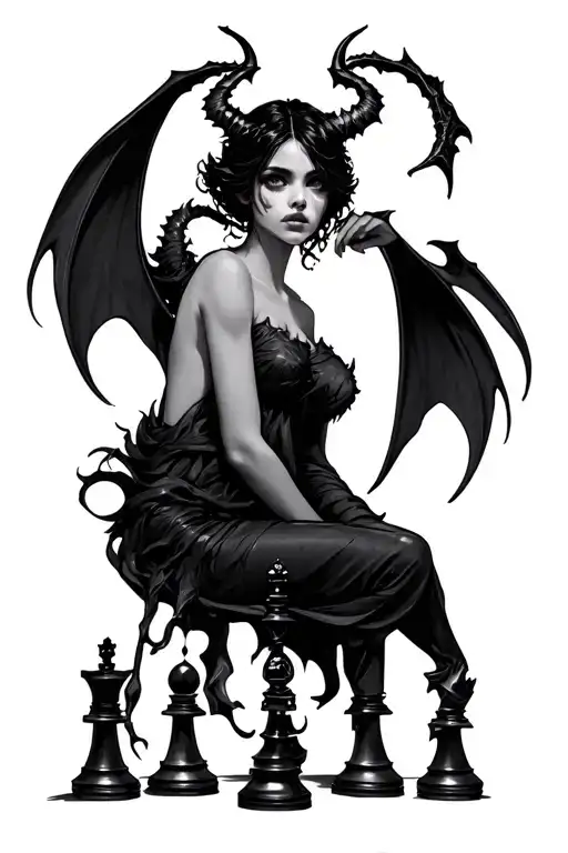 Demon Girl And Chess Pieces Forming