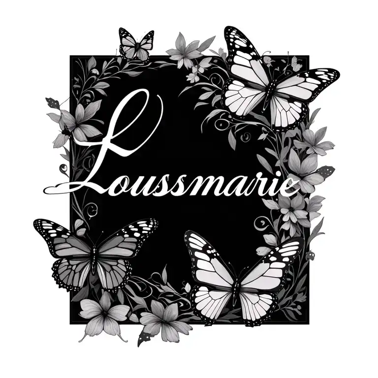 Name Lousmarie In Cursive With Butterflies Around It