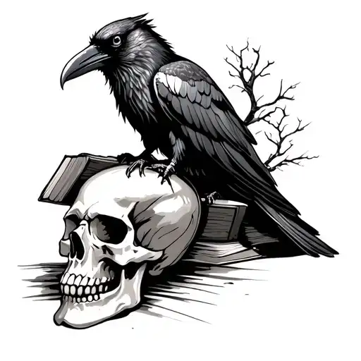 Raven Sitting On Skull With A Book