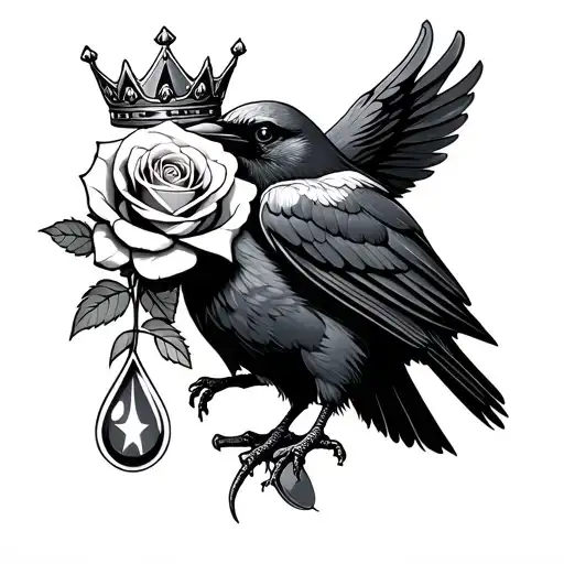 Crow Wearing Crown Holding Rose With A Wishbone And A Teardrop With A Star In It