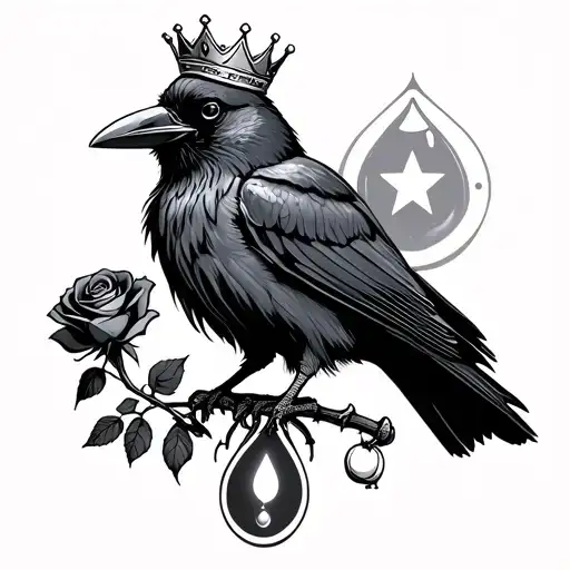 Crow Wearing Crown Holding Rose In Feet With A Wishbone And A Teardrop With A Star In It