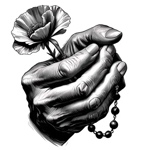 Hands Of An Old Man Holding Rosary Beads And One Poppy Flower