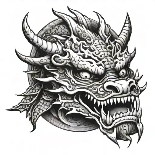 Dragon And Mountains And Oni Mask