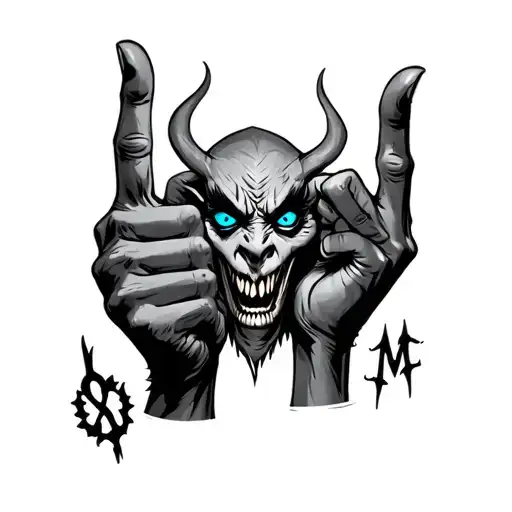 Blue Eyed Demon Holding Up A Middle Finger On One Hand And The Rock On Symbol On The Other Hand