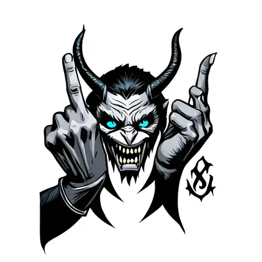 Blue Eyed Demon Holding Up A Middle Finger On One Hand And The Rock On Symbol On The Other Hand