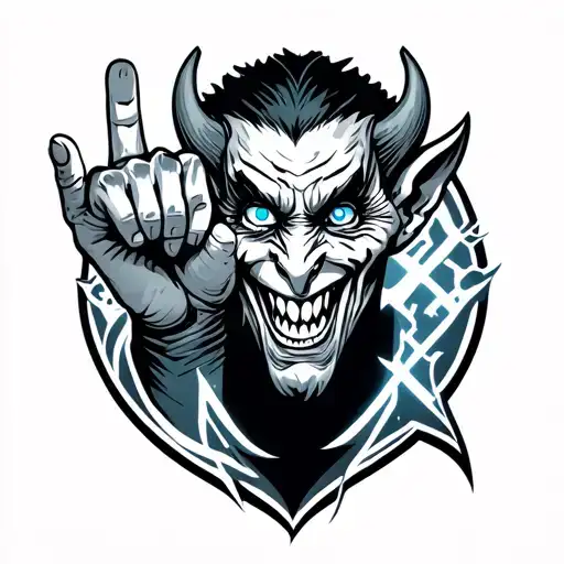 Blue Eyed Demon Holding Up A Middle Finger On One Hand And The Rock On Symbol On The Other Hand