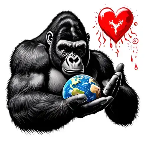Gorilla With The World In His Hand With A Heart In His Other Hand With A One Shed Tear