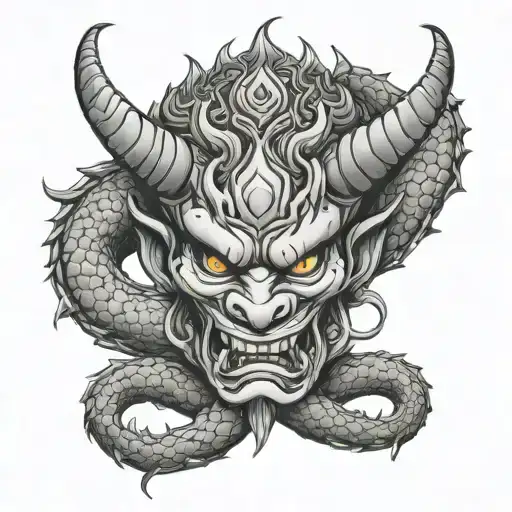 Oni Mask Face On A Dragon Intertwined