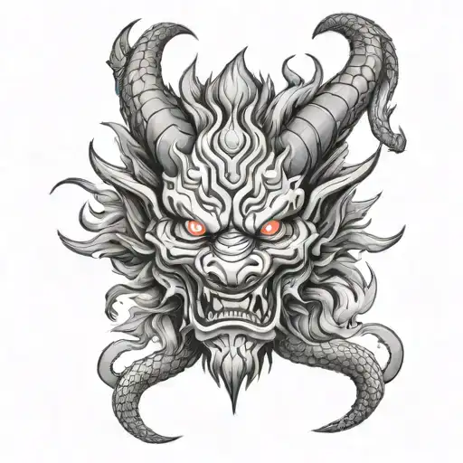 Oni Mask Face On A Dragon In The Mountains Intertwined