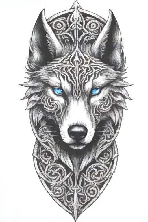 Wolf With Blue Eyes On Armor Tattoo Design Featuring Celtic Trinity Knot