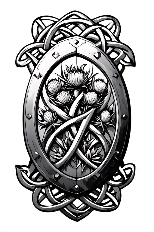 Fine Line Round Celtic Shield Knot With Thistle Intertwined