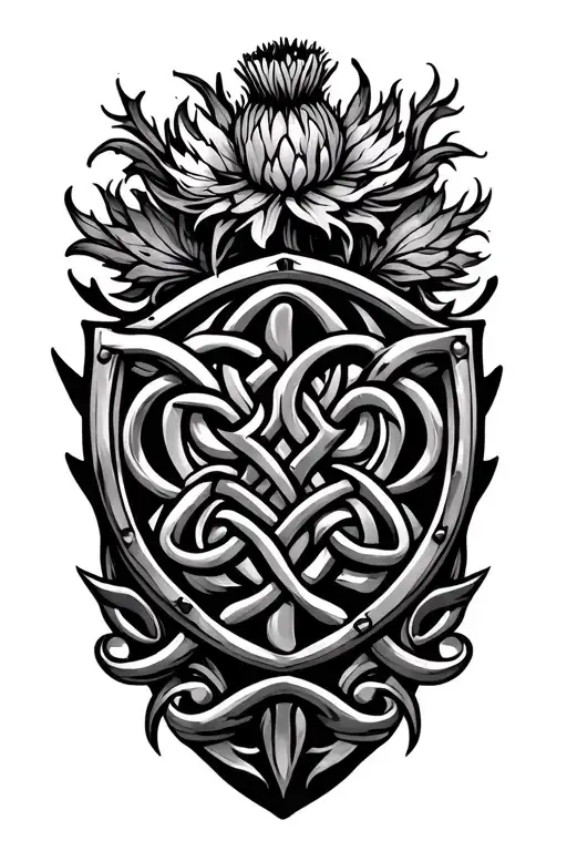 Fine Line Round Celtic Shield Knot With Thistle Outside