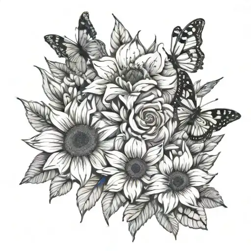 Minimalist Fine Line Bouquet Rose Lily Sunflower And Butterfly