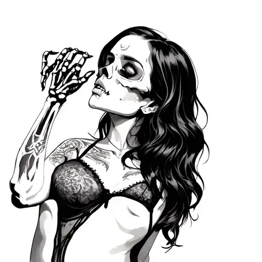 Girl In Lingerie With Skeleton Hand Holding