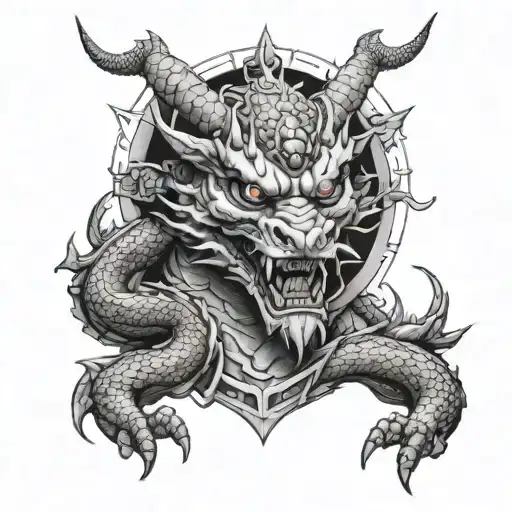 Dragon With Oni Mask Surrounding A Mountain