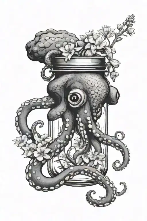Octopus Holding Mason Jar Of Wildflowers