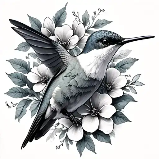 Hummingbird With Flowers Curving Around Top Of Right Breast