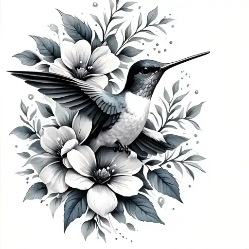 Hummingbird With Flowers Curving Around The Top Of Right Breast