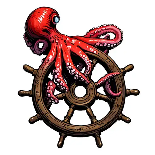 Red Octopus Holding A Sunken Ships Wheel
