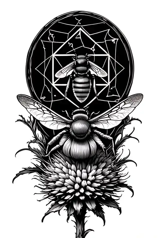 A Honey Bee On A Thistle Flower With A Metatron's Cube Behind It