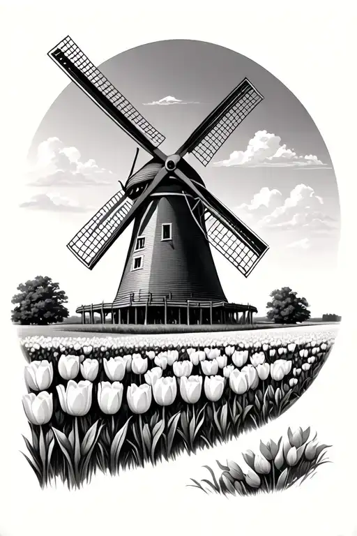 Dutch Windmill And Tulip Field